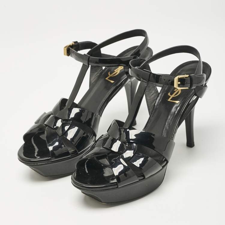 Pre Owned Saint Laurent Black Patent Leather Tribute Ankle Strap Platform Sandals Size 37