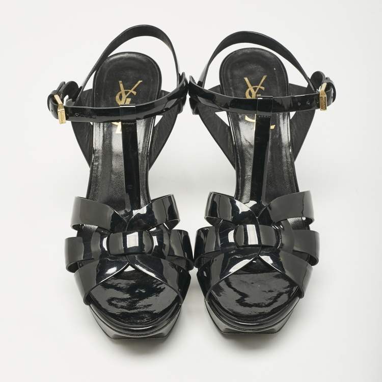 Pre Owned Saint Laurent Black Patent Leather Tribute Ankle Strap Platform Sandals Size 37