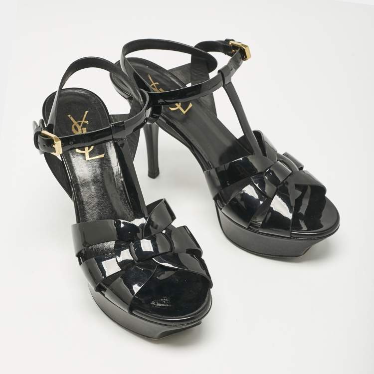Pre Owned Saint Laurent Black Patent Leather Tribute Ankle Strap Platform Sandals Size 37