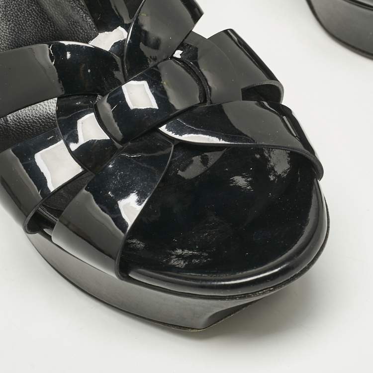 Pre Owned Saint Laurent Black Patent Leather Tribute Ankle Strap Platform Sandals Size 37