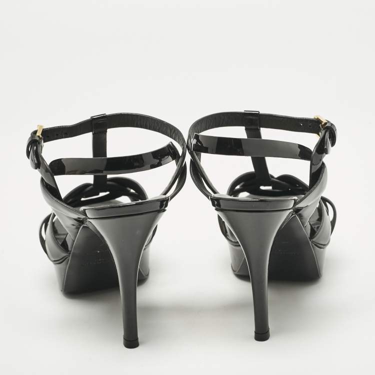 Pre Owned Saint Laurent Black Patent Leather Tribute Ankle Strap Platform Sandals Size 37