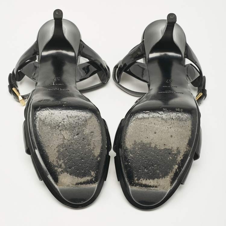 Pre Owned Saint Laurent Black Patent Leather Tribute Ankle Strap Platform Sandals Size 37
