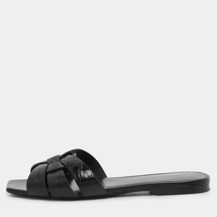 Pre Owned Saint Laurent Black Croc Embossed Leather Tribute Slide Sandals Size 35
