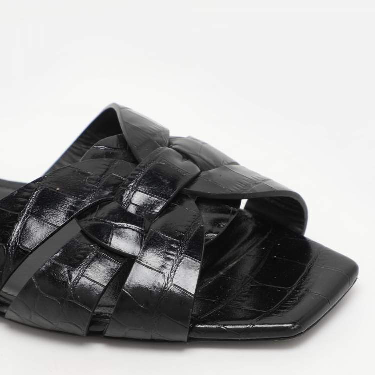 Pre Owned Saint Laurent Black Croc Embossed Leather Tribute Slide Sandals Size 35