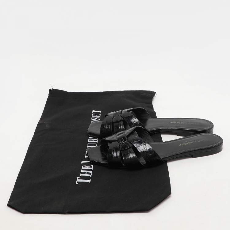 Pre Owned Saint Laurent Black Croc Embossed Leather Tribute Slide Sandals Size 35