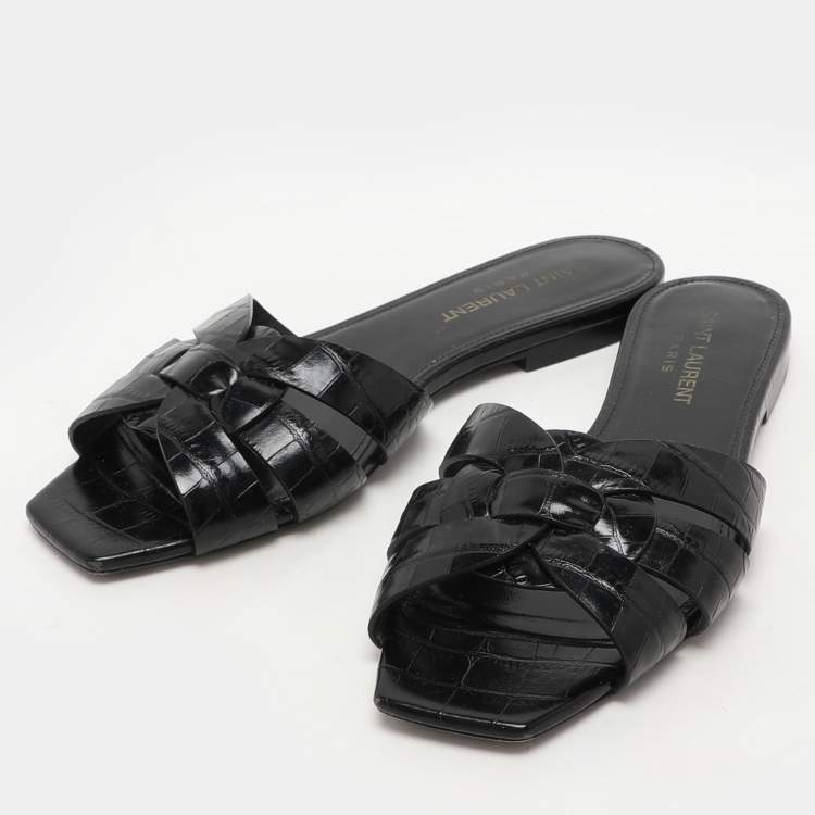 Pre Owned Saint Laurent Black Croc Embossed Leather Tribute Slide Sandals Size 35