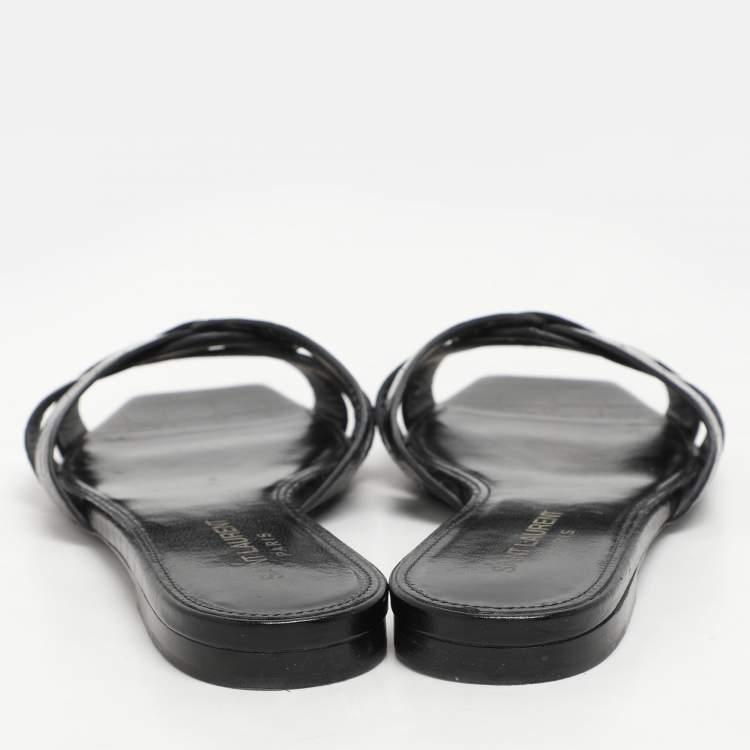 Pre Owned Saint Laurent Black Croc Embossed Leather Tribute Slide Sandals Size 35