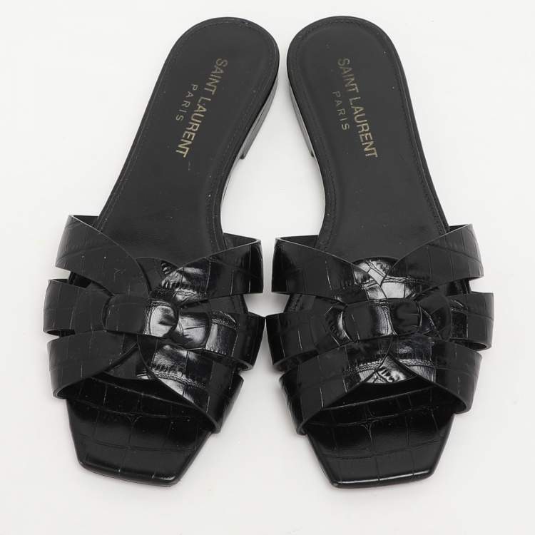Pre Owned Saint Laurent Black Croc Embossed Leather Tribute Slide Sandals Size 35