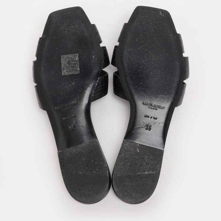 Pre Owned Saint Laurent Black Croc Embossed Leather Tribute Slide Sandals Size 35