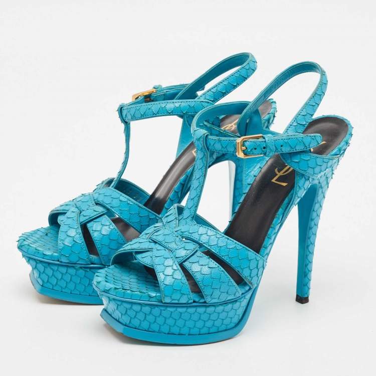 Pre Owned Saint Laurent Turquoise Blue Python Tribute Sandals Size 36