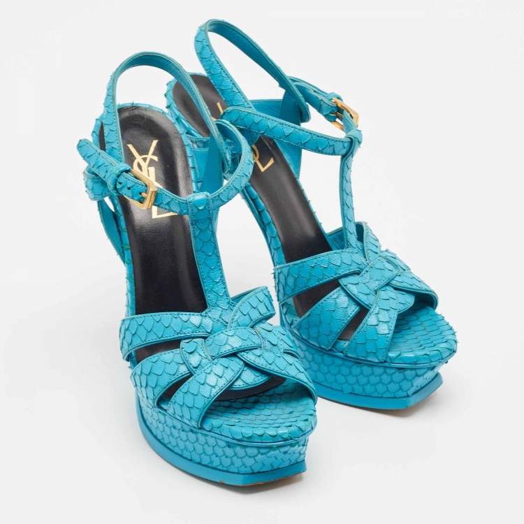 Pre Owned Saint Laurent Turquoise Blue Python Tribute Sandals Size 36