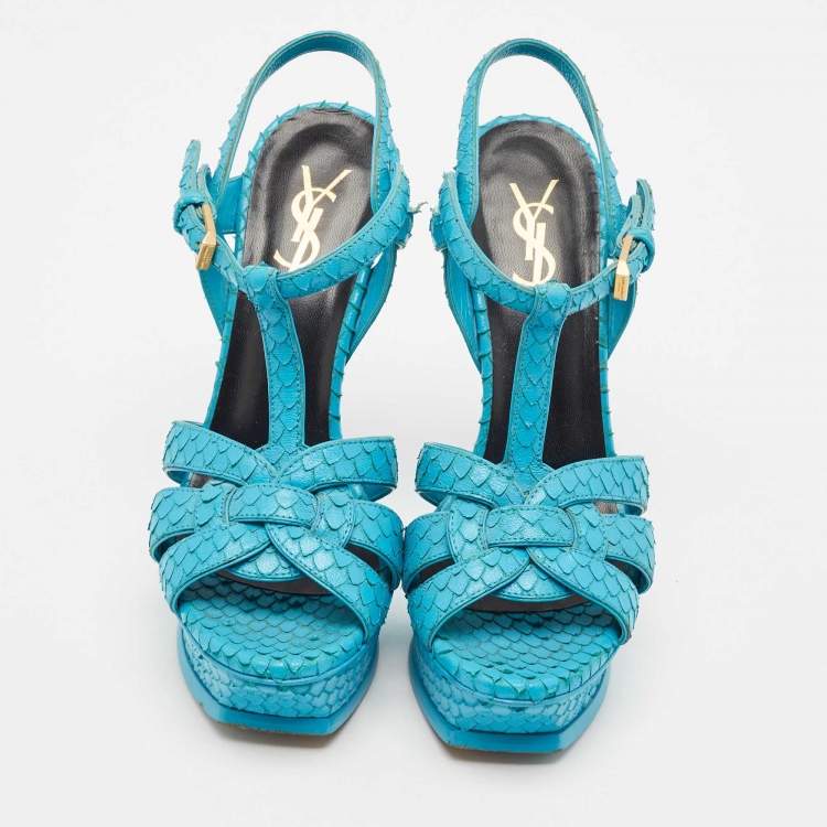Pre Owned Saint Laurent Turquoise Blue Python Tribute Sandals Size 36