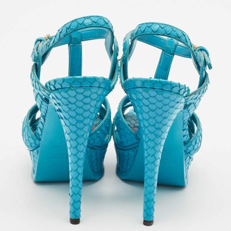 Pre Owned Saint Laurent Turquoise Blue Python Tribute Sandals Size 36
