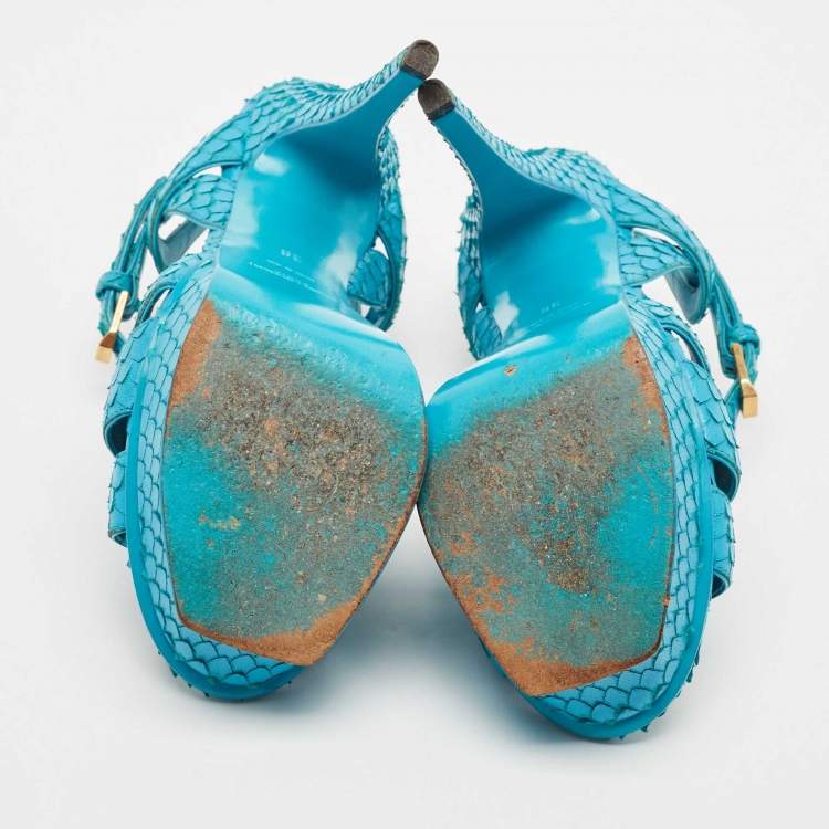 Pre Owned Saint Laurent Turquoise Blue Python Tribute Sandals Size 36