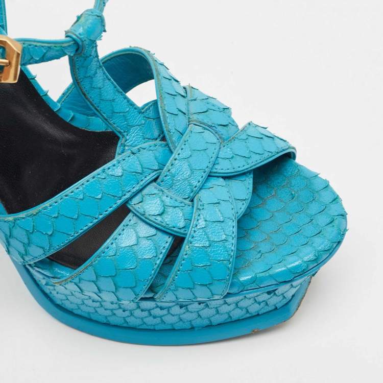 Pre Owned Saint Laurent Turquoise Blue Python Tribute Sandals Size 36