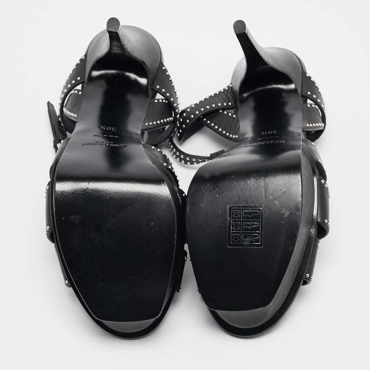 Pre Owned Saint Laurent Black Studded Leather Tribute Platform Sandals Size 38.5