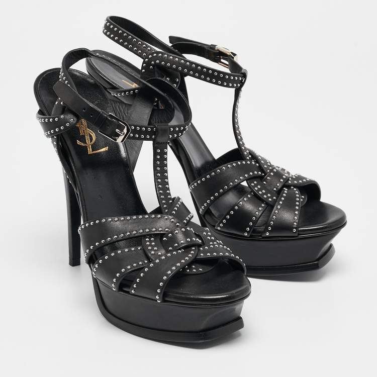 Pre Owned Saint Laurent Black Studded Leather Tribute Platform Sandals Size 38.5