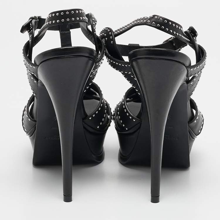 Pre Owned Saint Laurent Black Studded Leather Tribute Platform Sandals Size 38.5