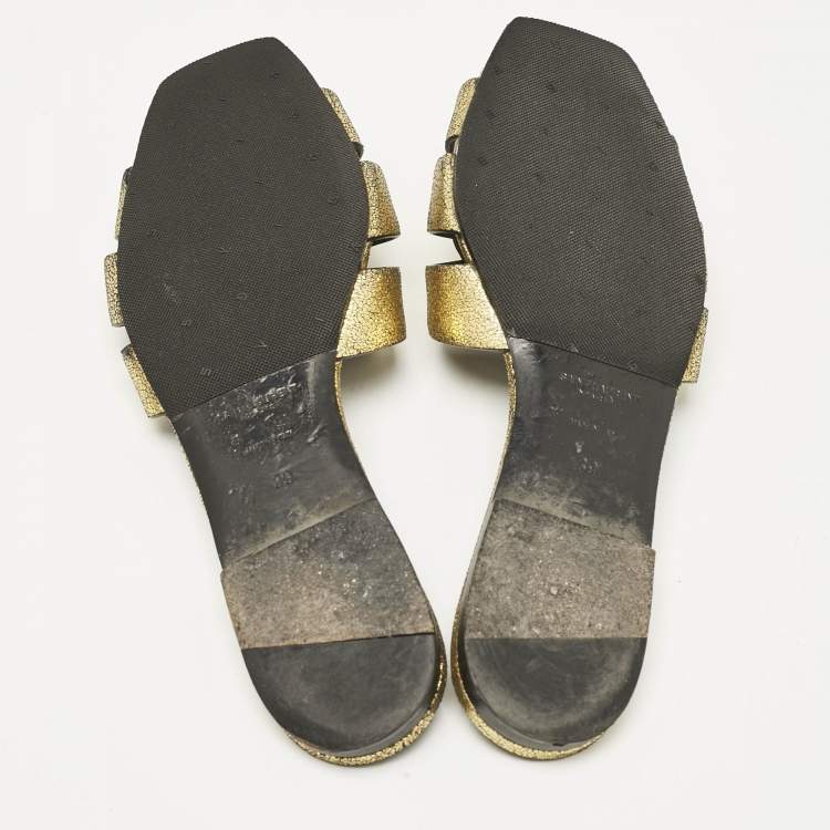 Pre Owned Saint Laurent Metallic Gold Leather Tribute Flat Slide Size 39