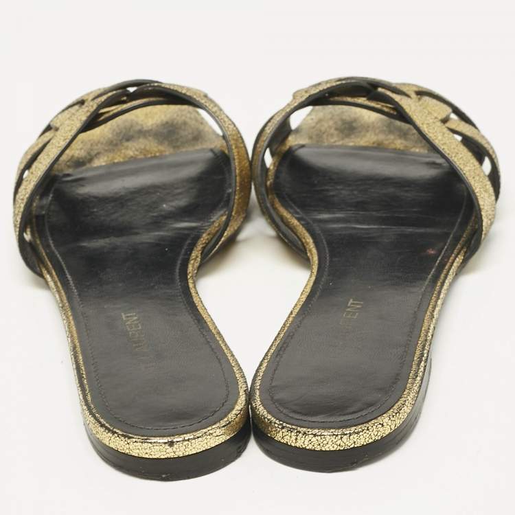 Pre Owned Saint Laurent Metallic Gold Leather Tribute Flat Slide Size 39