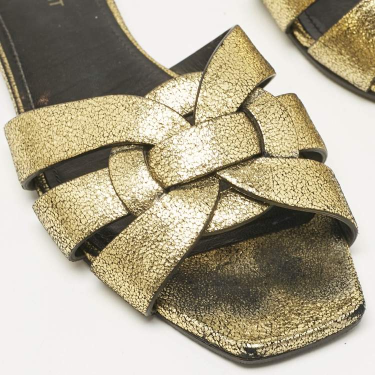 Pre Owned Saint Laurent Metallic Gold Leather Tribute Flat Slide Size 39