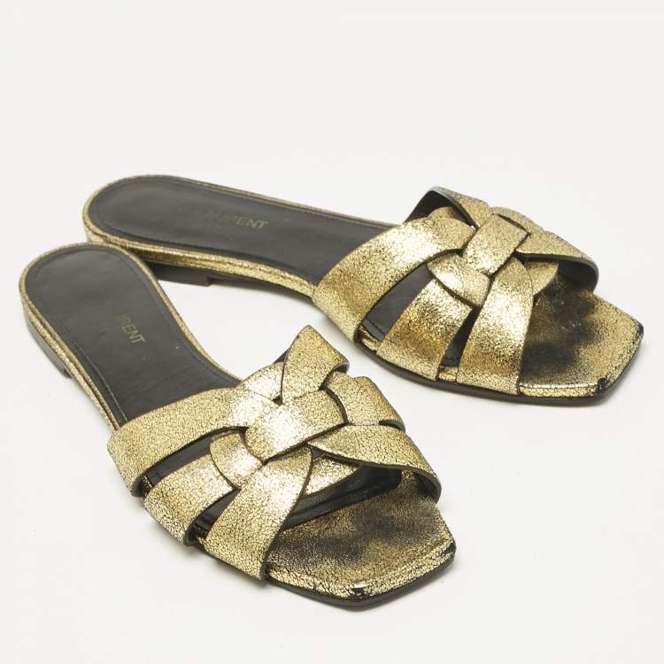 Pre Owned Saint Laurent Metallic Gold Leather Tribute Flat Slide Size 39