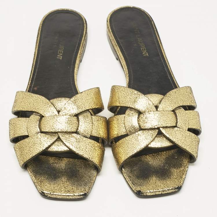 Pre Owned Saint Laurent Metallic Gold Leather Tribute Flat Slide Size 39