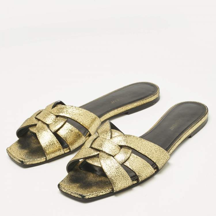 Pre Owned Saint Laurent Metallic Gold Leather Tribute Flat Slide Size 39