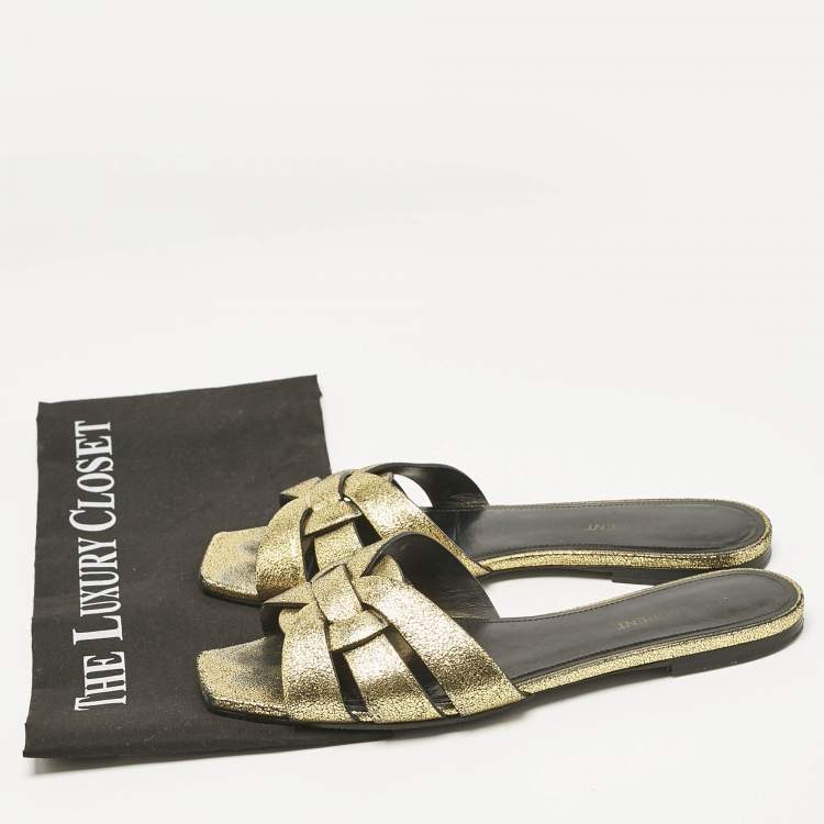 Pre Owned Saint Laurent Metallic Gold Leather Tribute Flat Slide Size 39