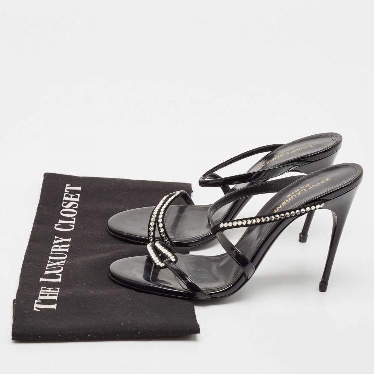 Pre Owned Saint Laurent Black Suede and Patent Leather Crystal Slide Sandals Size 37.5