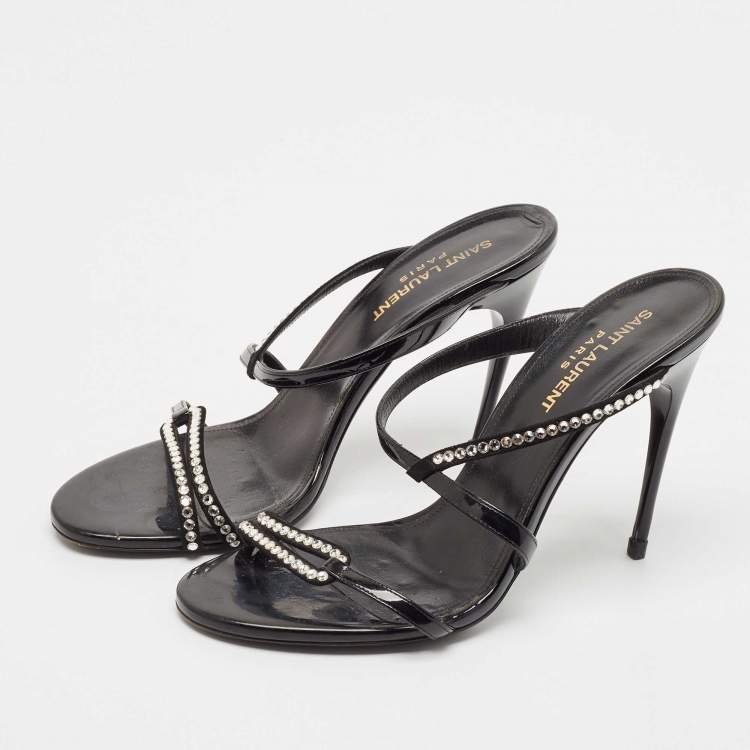 Pre Owned Saint Laurent Black Suede and Patent Leather Crystal Slide Sandals Size 37.5