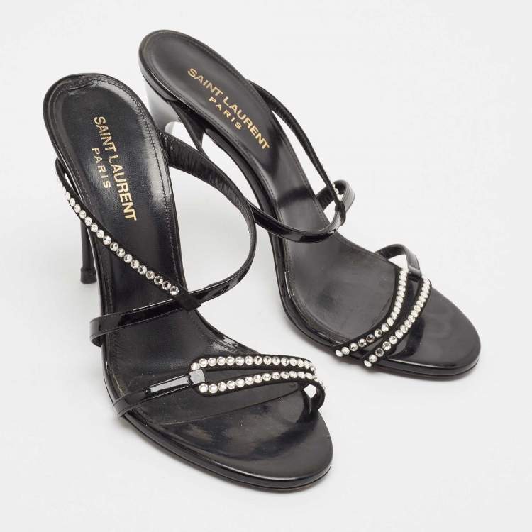 Pre Owned Saint Laurent Black Suede and Patent Leather Crystal Slide Sandals Size 37.5