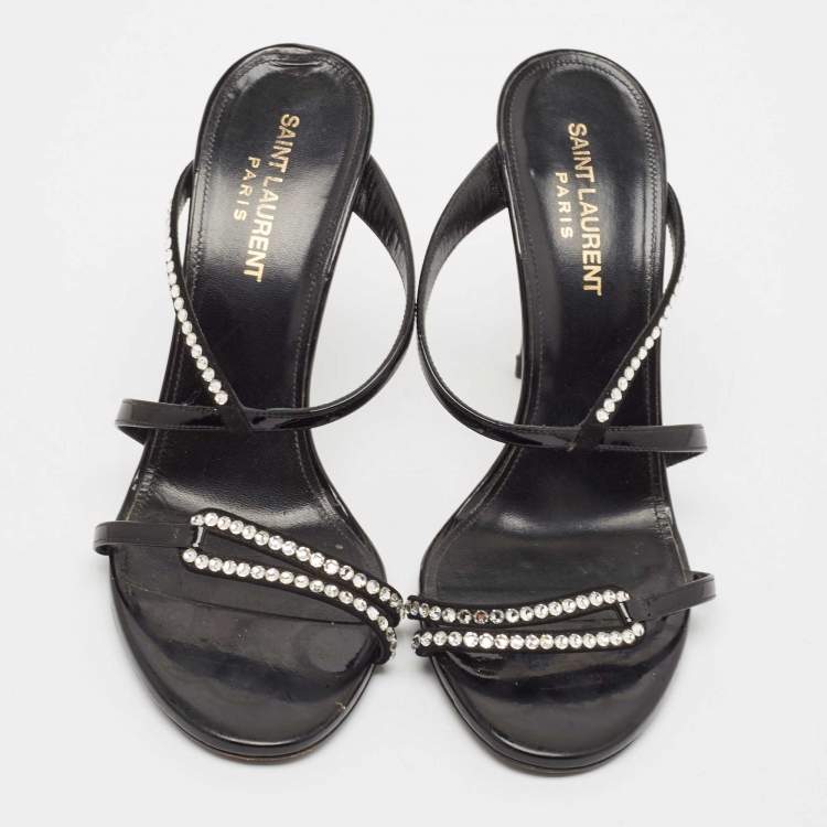Pre Owned Saint Laurent Black Suede and Patent Leather Crystal Slide Sandals Size 37.5