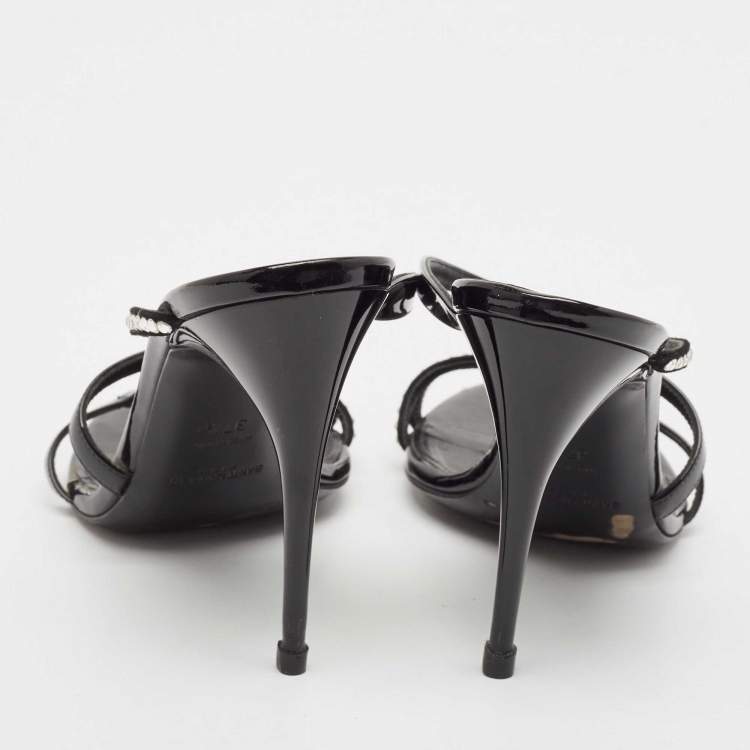 Pre Owned Saint Laurent Black Suede and Patent Leather Crystal Slide Sandals Size 37.5