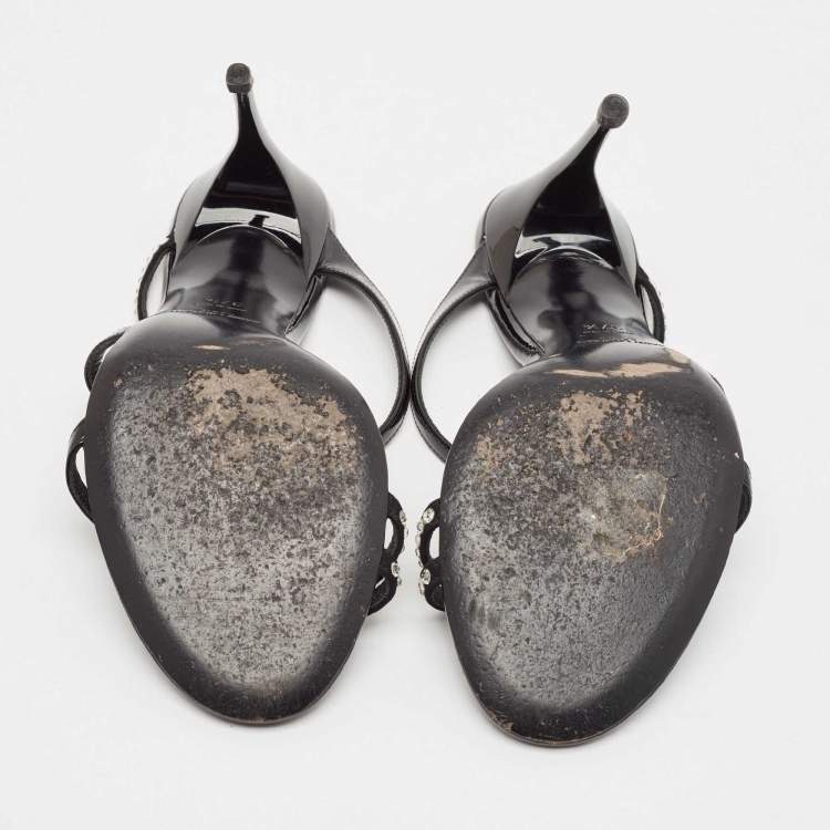 Pre Owned Saint Laurent Black Suede and Patent Leather Crystal Slide Sandals Size 37.5