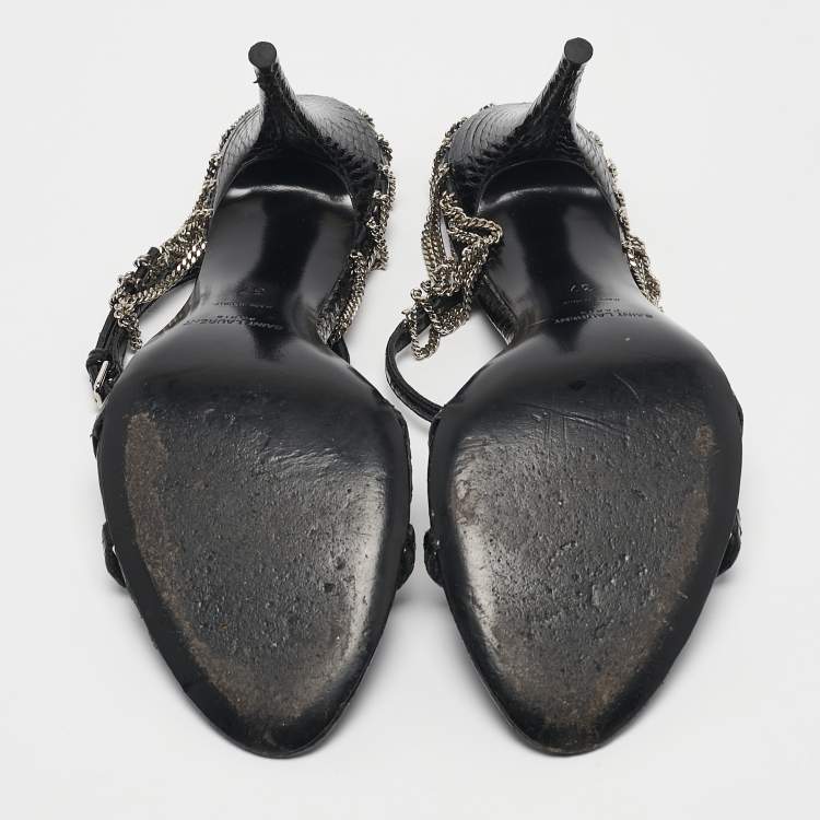 Pre Owned Saint Laurent Black Snakeskin Leather Chain Ankle Strap Sandals Size 37