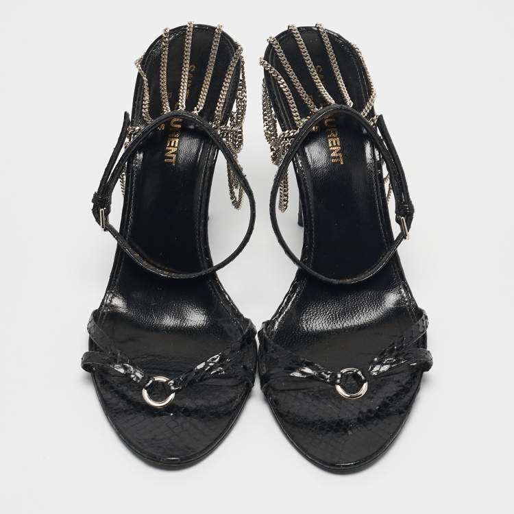 Pre Owned Saint Laurent Black Snakeskin Leather Chain Ankle Strap Sandals Size 37