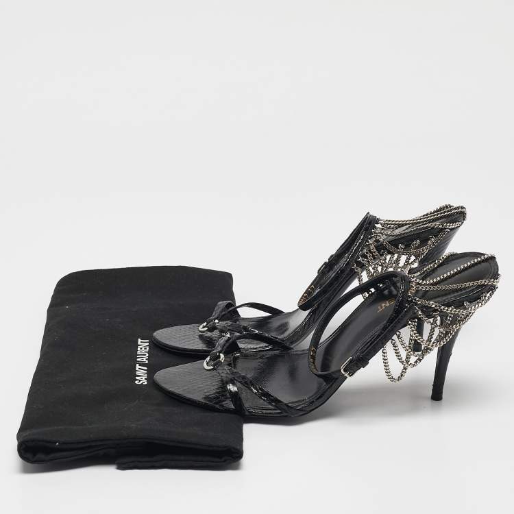 Pre Owned Saint Laurent Black Snakeskin Leather Chain Ankle Strap Sandals Size 37