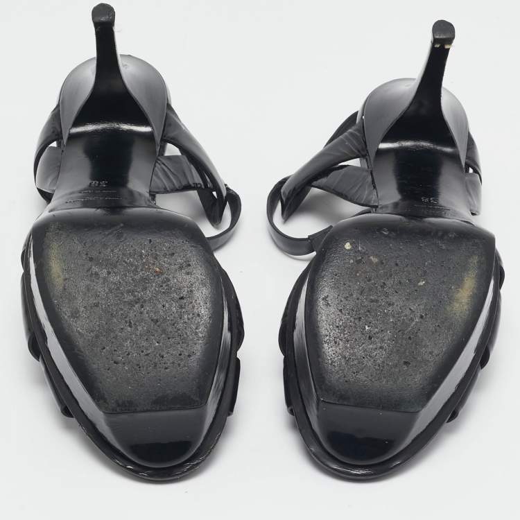 Pre Owned Saint Laurent Black Patent Leather Tribute Ankle Strap Sandals Size 38