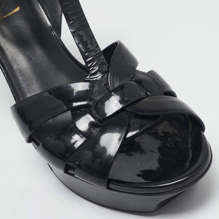 Pre Owned Saint Laurent Black Patent Leather Tribute Ankle Strap Sandals Size 38