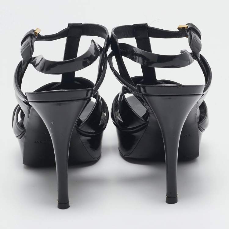 Pre Owned Saint Laurent Black Patent Leather Tribute Ankle Strap Sandals Size 38