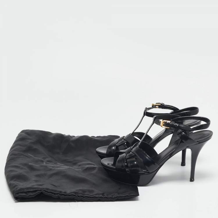 Pre Owned Saint Laurent Black Patent Leather Tribute Ankle Strap Sandals Size 38