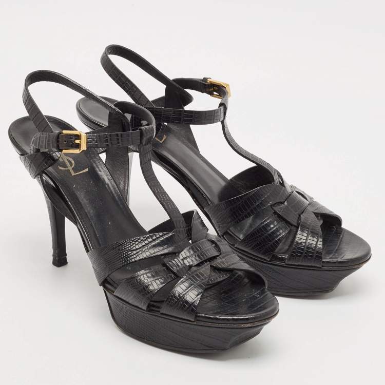 Pre Owned Saint Laurent Black Lizard Embossed Leather Tribute Platform Sandals Size 40.5