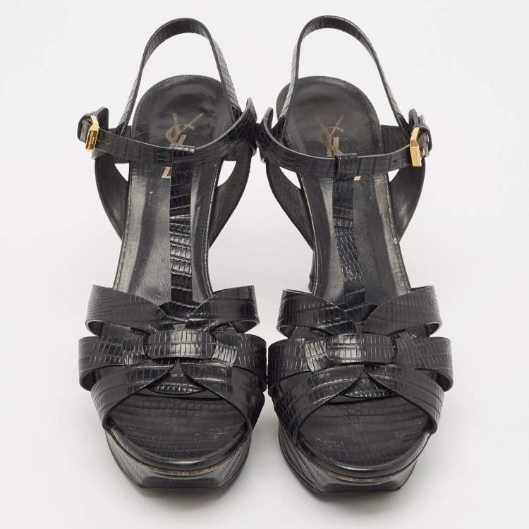 Pre Owned Saint Laurent Black Lizard Embossed Leather Tribute Platform Sandals Size 40.5