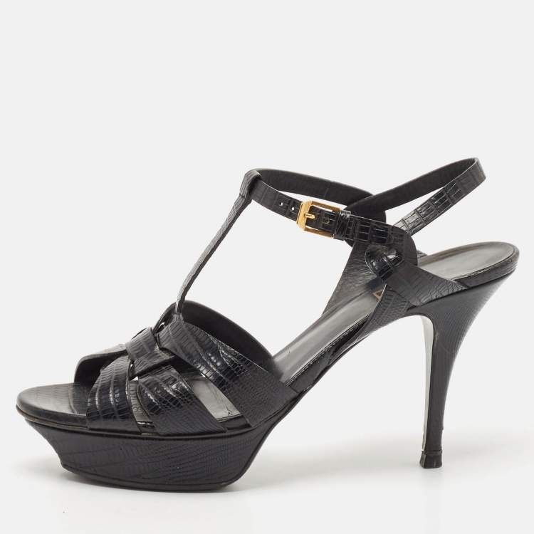 Pre Owned Saint Laurent Black Lizard Embossed Leather Tribute Platform Sandals Size 40.5