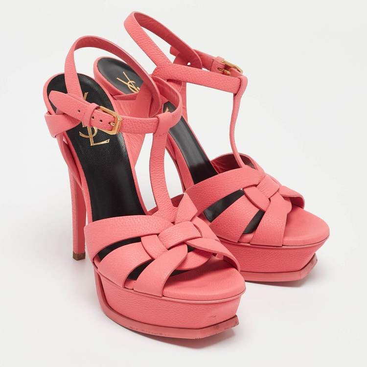 Pre Owned Saint Laurent Coral Pink Leather Tribute Sandals Size 36