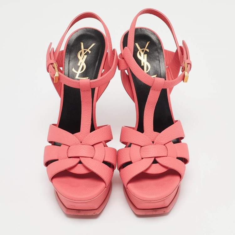 Pre Owned Saint Laurent Coral Pink Leather Tribute Sandals Size 36