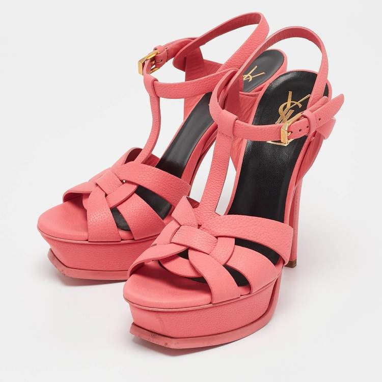 Pre Owned Saint Laurent Coral Pink Leather Tribute Sandals Size 36