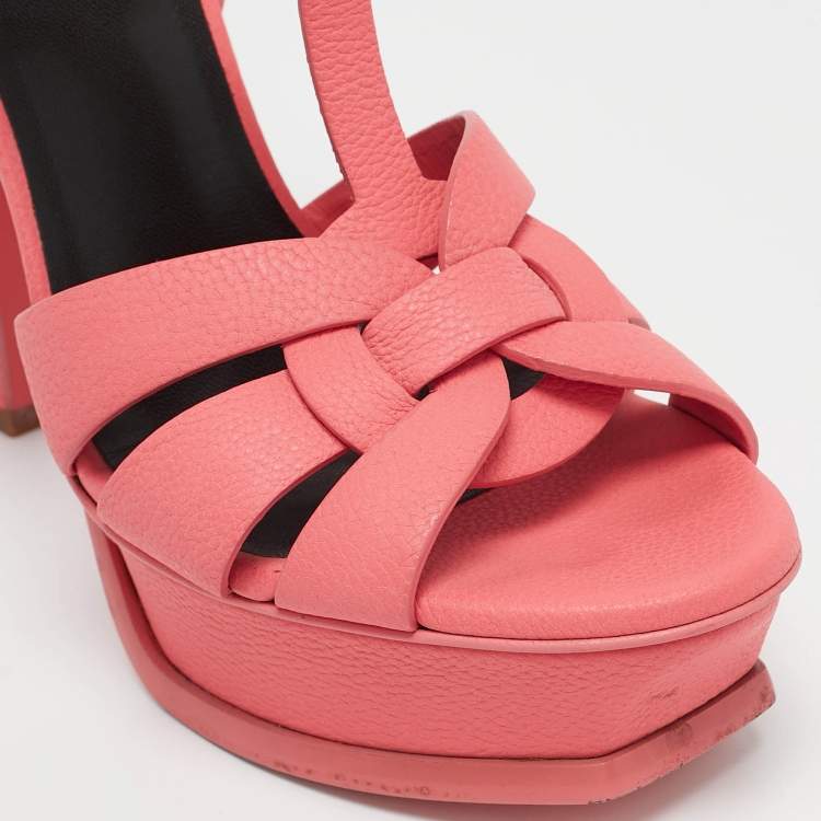 Pre Owned Saint Laurent Coral Pink Leather Tribute Sandals Size 36