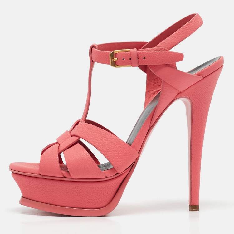 Pre Owned Saint Laurent Coral Pink Leather Tribute Sandals Size 36